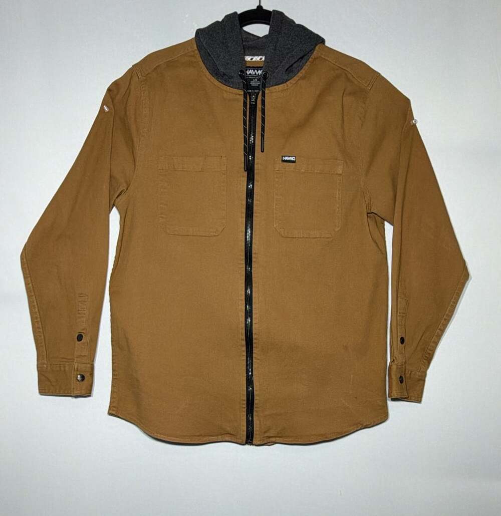 Tony Hawk Hooded Shirt Jacket Size L Brown Canvas Full Zip